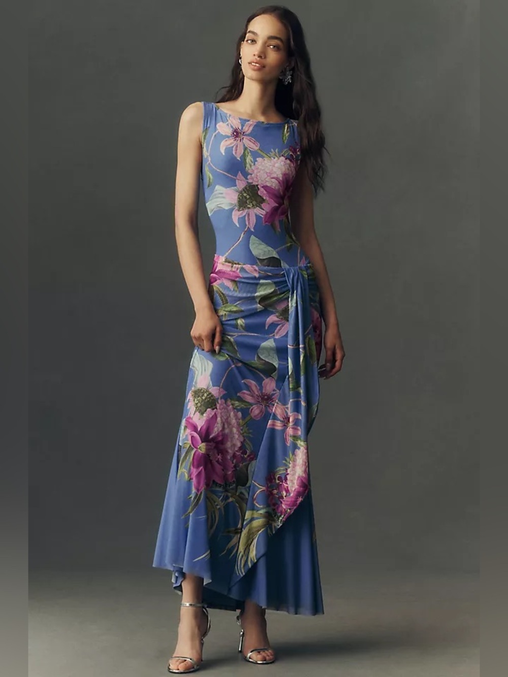 BHLDN Blue Floral Maxi Dress with Pink & Green Accents